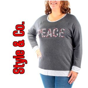 NWT Style & Co. Womens Plus Christmas Holiday Sparkly Peace Slogan T-Shirt Sz 2X